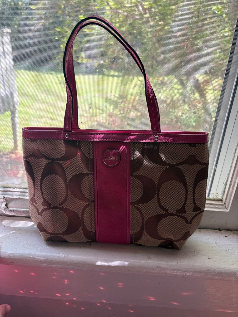 Coach Brown Signature Tote with Fuchsia Trim